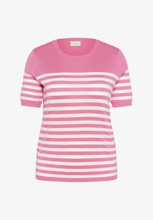 Suéter de rayas con franjas horizontales rosas y blancas, mangas cortas, cuello redondo y textura suave. Etiqueta de la marca en el cuello.