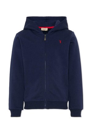 Felpa con cappuccio blu navy con zip, tasche frontali, polsini e orlo a costine, piccolo logo rosso sul petto sinistro e cappuccio attaccato.