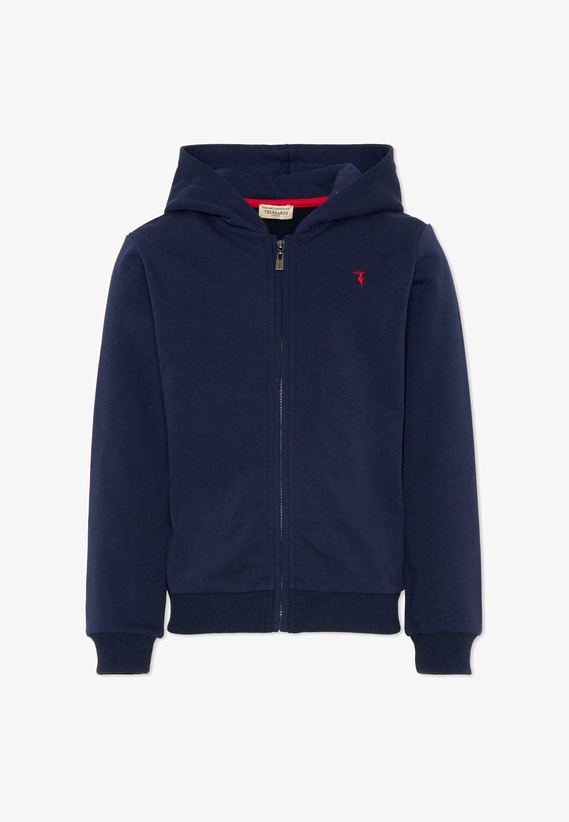 Sweat à capuche bleu marine avec fermeture éclair, poches avant, poignets et ourlet côtelés, petit logo rouge sur la poitrine gauche et capuche attachée.