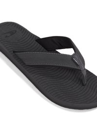 Black flip-flop with textured rubber sole, featuring a flat footbed and two fabric straps. Simple design with curved lines on the surface.