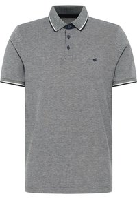 Szara koszulka polo z fakturowanej tkaniny, z dwoma guzikami z przodu, granatowymi wykończeniami kołnierza i rękawów oraz małym logo na piersi.
