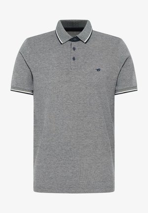 Szara koszulka polo z fakturowanej tkaniny, z dwoma guzikami z przodu, granatowymi wykończeniami kołnierza i rękawów oraz małym logo na piersi.