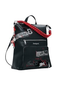 Black Desigual backpack with red braided strap, silver zipper pockets, and Mickey Mouse graphic and text accents on front.