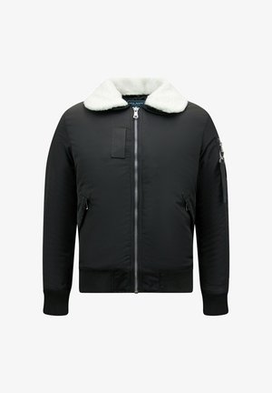 Zwarte bomberjack met een zachte witte kraag, zilveren ritssluiting, zijzakken en geribde manchetten en zoom. Glad stof met minimale details.