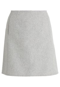 Jupe en laine grise, en forme de A, avec une texture lisse, des poches latérales et un ourlet épuré, présentant un design classique et minimaliste.