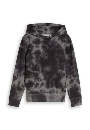 Sweat à capuche tie-dye noir et gris avec manches longues, poche avant et capuche, posé à plat sur un fond blanc.