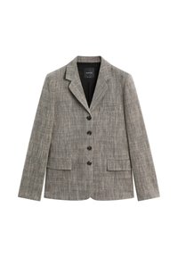 Grå tekstureret blazer med et reverskrave, fem brune knapper, to forlommer og en skræddersyet pasform. Stoffet har et subtilt stribet mønster.