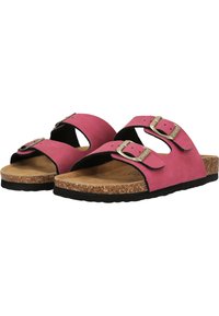 Roze suède sandalen met twee verstelbare gespen, kurken voetbed en zwarte rubberen zool. Open ontwerp voor ademend vermogen.