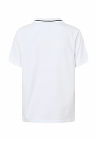 Polo blanc à manches courtes avec col rayé noir, vu de dos sur un fond blanc uni.