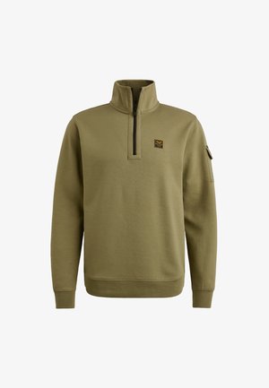 Olive green pullover sweatshirt with a high collar, half-zip closure, and a logo patch on the chest. Features ribbed cuffs and hem.