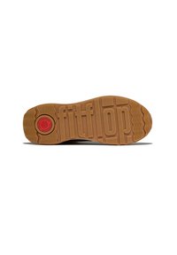 Semelle en caoutchouc avec des motifs texturés de couleur brun clair ; présente un logo circulaire et le nom de la marque "fitflop" en relief.