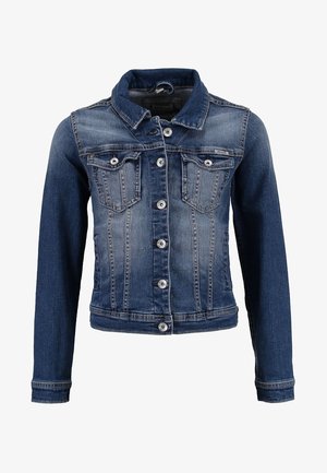 Donkerblauwe spijkerjack met een getailleerd ontwerp, knopen aan de voorkant, twee borstzakken en gestikte details op de naden en manchetten.