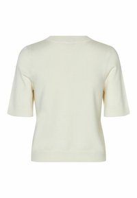 Krátký rukáv pletený top v off-white. Má kulatý výstřih a hladkou texturu s dopasovaným střihem. Jednoduchý a čistý design.