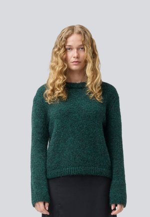 Vrouw met lang krullend blond haar, gekleed in een donkergroen gebreid vest en een zwarte rok, staand tegen een effen lichtgrijze achtergrond.