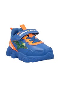 Sneakers per bambini blu e arancioni con una finitura testurizzata, caratterizzati da una grafica di dinosauro, colletto imbottito e chiusura con strap in Velcro.