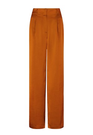 Roestrode broek met hoge taille en wijde pijpen, met plooien aan de voorkant, zijzakken, riemlussen en een verborgen vooraan sluiting.