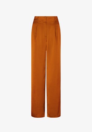 Roestrode broek met hoge taille en wijde pijpen, met plooien aan de voorkant, zijzakken, riemlussen en een verborgen vooraan sluiting.