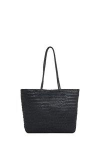 Black woven tote bag with two long handles, soft texture, rectangular shape, and a visible braided pattern. No additional embellishments.