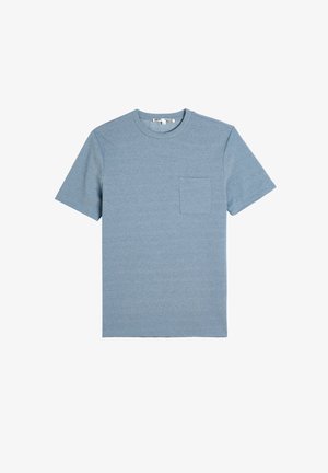 Blaues Baumwoll-T-Shirt mit kurzen Ärmeln, Rundhalsausschnitt und einer Brusttasche. Hat eine strukturierte Oberfläche und eine normale Passform.