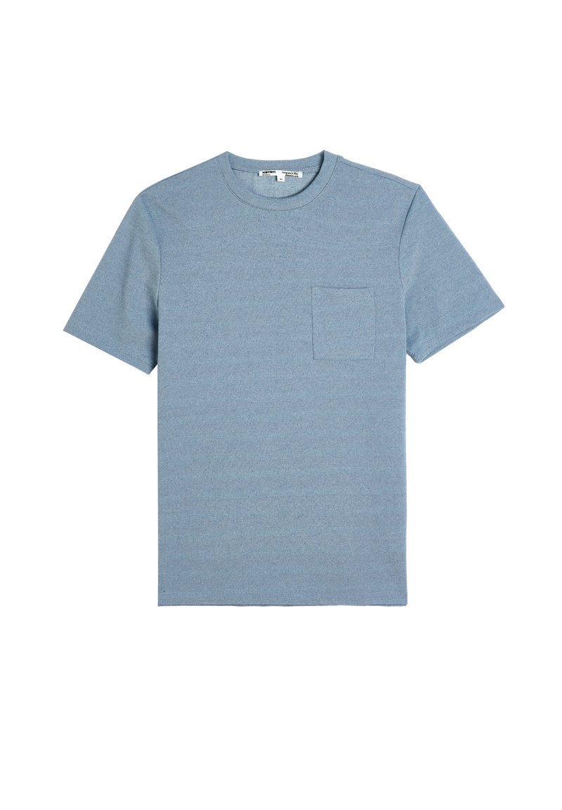 T-shirt in cotone blu con maniche corte, collo rotondo e taschino sul petto. Ha una finitura texturizzata e una vestibilità regolare.