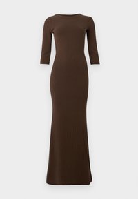 Brown ribbed maxi dress with three-quarter sleeves, fitted silhouette, and a flared hem. Smooth texture throughout the garment.