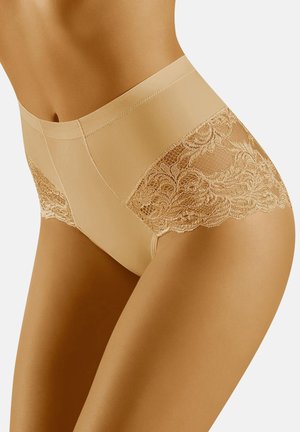 Beige hoge taille panties met een gladde stof en kantdetails aan de zijkanten, met bloemmotieven en gegolfde randen.