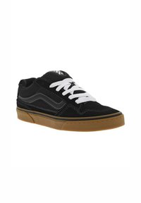 Sneaker nera in suede con lacci bianchi, accenti tessili scuri e suola in gomma. Presenta un design classico e dettagli di cucitura a contrasto.