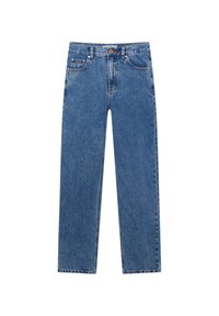 Jean denim bleu à jambes droites avec poches avant, bouton à la taille et passants pour ceinture, présenté sur fond blanc.