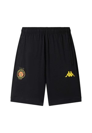 Schwarze sportliche Shorts mit elastischem Bund, mit gelbem Kappa-Logo am rechten Bein und rotem-gelb-schwarzem Sportteam-Wappen am linken Bein.