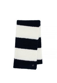 Dziany szalik z naprzemiennymi granatowymi i białymi paskami, miękka tekstura oraz mały logo w dolnym prawym rogu.