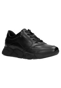 Sneaker in pelle nera con punta arrotondata, design con lacci, dettagli testurizzati sulla suola e intersuola ammortizzata per il comfort.