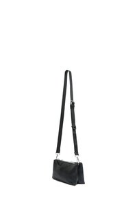 Borsa a tracolla nera in pelle con tracolla regolabile, forma rettangolare, superficie testurizzata e hardware silver. Chiusura superiore con zip.