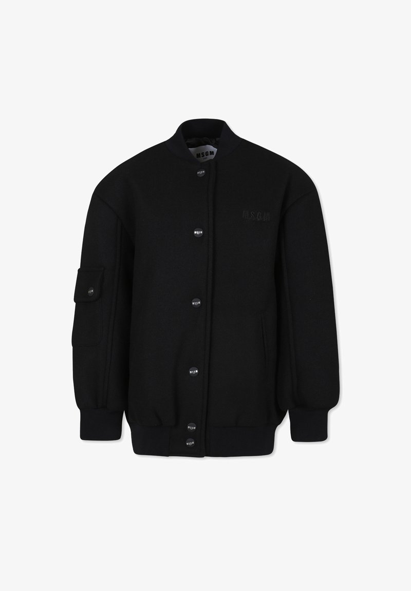 Zwarte bomberjack met een ronde kraag, knoopsluiting, zijzakken en een linkermouwzak. Glad textuur en een relaxte pasvorm.