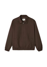 Veste zippée marron avec un col classique, des poignets élastiques et deux poches latérales. Fabriquée en tissu lisse avec un léger éclat.
