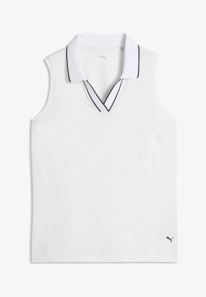 Biała bezrękawnikowa koszulka polo z granatowym obszyciem na kołnierzyku i dekolcie w serek, logo Puma na prawym dolnym brzegu.