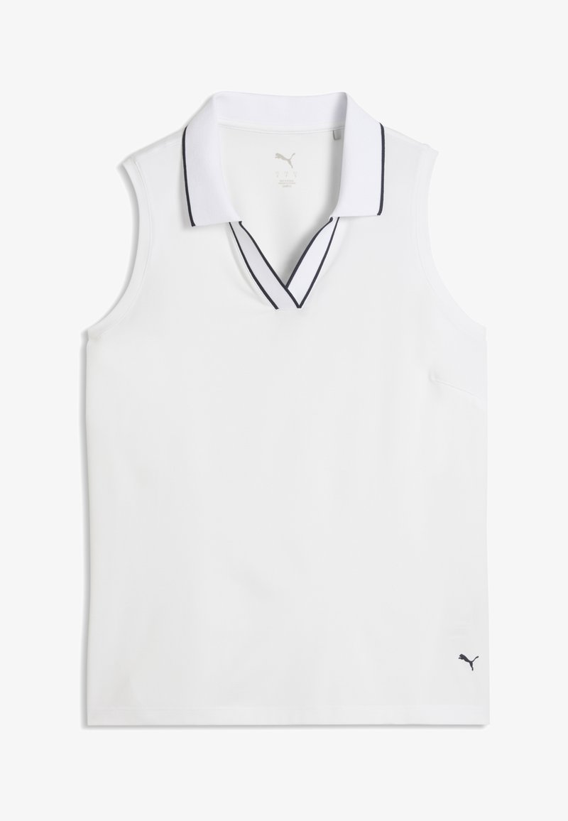 Polo sans manches blanc avec bordure bleu marine sur le col et l'encolure en V, logo Puma en bas à droite de l'ourlet.