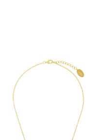 Bracciale in metallo dorato con chiusura a granchio, dotato di una breve catena di estensione e di un'etichetta ovale, superficie liscia e collegamenti delicati.