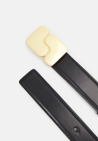 Black leather belt featuring a gold, interlocking rectangular buckle with smooth surface. The strap has clean edges and subtle stitching.
