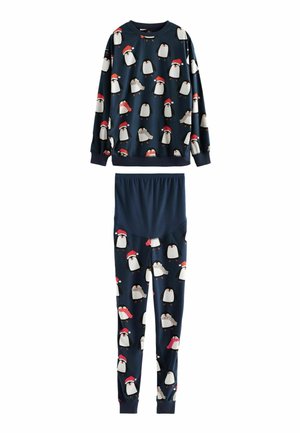 Marineblaue Schlafanzugset bestehend aus einem langärmeligen Oberteil und einer Hose, aus weichem Stoff gefertigt, verziert mit einem Muster von Pinguinen, die rote Hüte tragen.