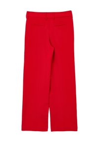 Weite, rote Hose aus einem glatten Stoff. Verfügt über Gürtelschlaufen und zwei Gesäßtaschen, mit einem taillierten Schnitt und klaren Linien.