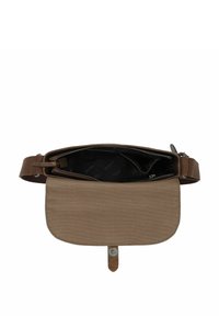 Canvas-Gürteltasche in Braun mit einem Reißverschluss oben und einem glatten schwarzen Innenraum mit Logo-Muster, gesichert durch einen Metall-Druckknopf.
