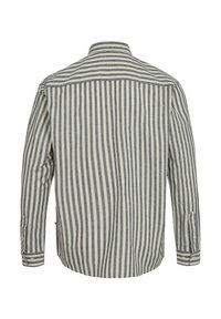 Gestreepte button-up shirt in grijs en crème; met lange mouwen, een kraag en een achterpas met verticale strepen doorheen.