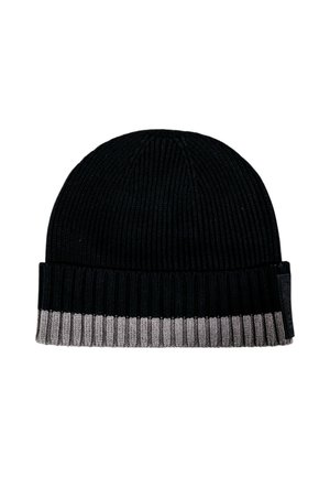 Gorro negro de punto con un borde doblado que presenta un patrón de rayas grises. Diseño acanalado texturizado. Ajuste ajustable.