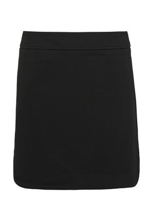 Schwarzer Rock aus strukturiertem Stoff; rechteckige Form mit gerader Silhouette, ausgestattet mit einem flachen Taillenbund und ohne sichtbare Details.