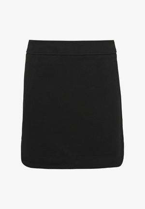 Schwarzer Rock aus strukturiertem Stoff; rechteckige Form mit gerader Silhouette, ausgestattet mit einem flachen Taillenbund und ohne sichtbare Details.