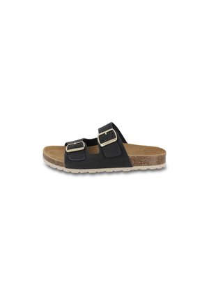 Sandal nero con due cinghie regolabili dotate di fibbie argentate, un sottopiede in sughero e una suola in gomma testurizzata per una migliore aderenza.