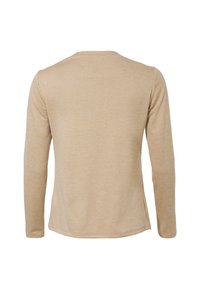 Beige langermet skjorte med rund hals, laget av myk stoff; har en rett kant og sidespalter for en avslappet passform.