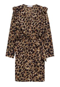 Vestido envolvente de estampado de leopardo con mangas acampanadas, en tonos de marrón, negro y oliva, con un cinturón atado en la cintura y diseño de escote en V.