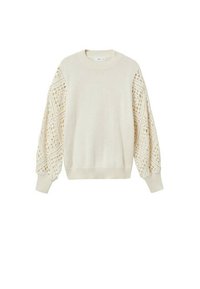 Pull en maille crème avec devant uni et manches bouffantes en crochet dentelle ouvertes complexes, avec poignets et ourlet côtelés.