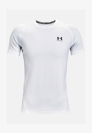 Camiseta deportiva de manga corta blanca, hecha de una tela suave y ligera. Presenta un logotipo negro en el pecho y costuras planas para mayor comodidad.